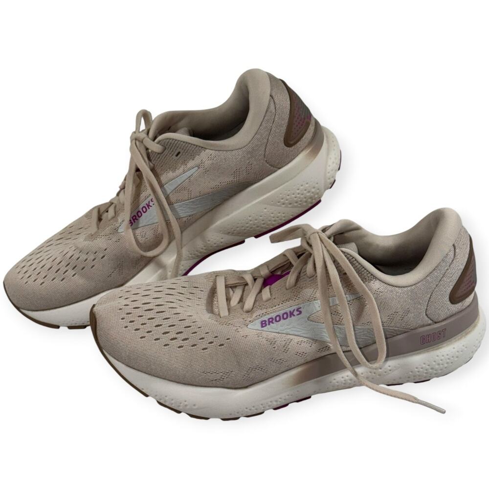 Brooks Ghost 16 Running Shoes, Almond Peach/Coconut/Purple, Women's 9.5